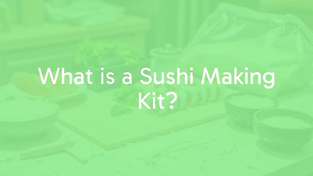 A sushi making kit with bamboo mat, rice, nori, and fresh ingredients on a kitchen counter, bright and inviting, realistic.