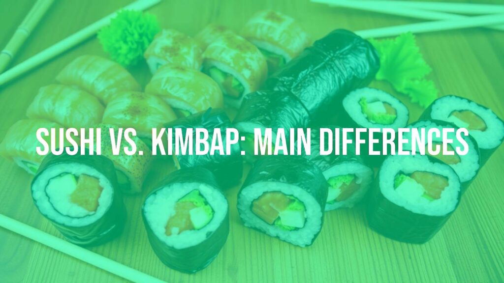 Sushi and kimbap rolls side by side, highlighting their differences in ingredients and presentation, on a wooden table with chopsticks, vibrant and appetizing, realistic food photography.