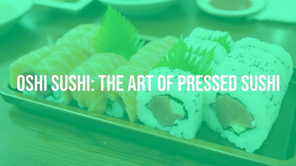 Colorful and artistic pressed sushi (oshi sushi) on a wooden tray, geometric precision, fresh ingredients like salmon or tuna, Japanese cuisine style, clean presentation.