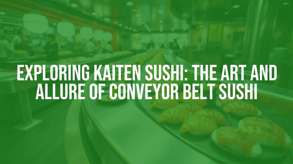 Conveyor belt sushi restaurant, colorful plates of sushi on a rotating belt, lively atmosphere, realistic style.