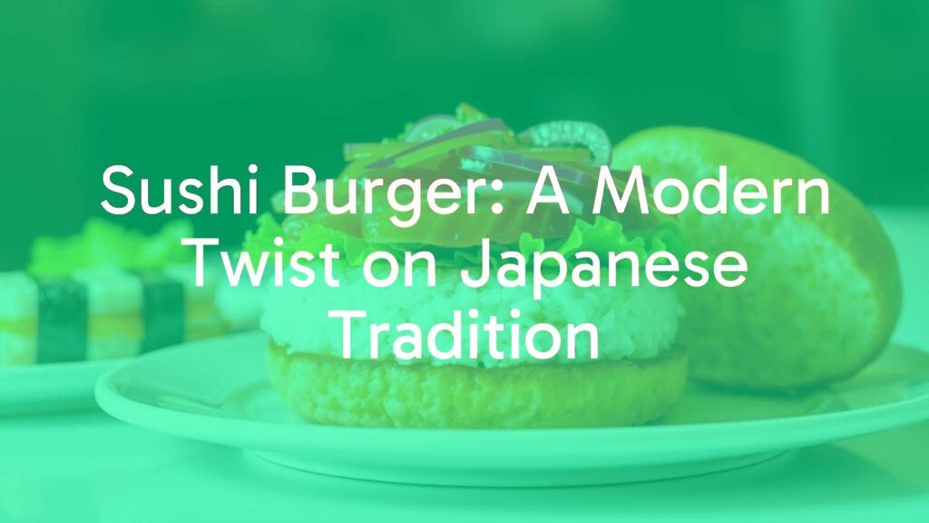 A delicious sushi burger with colorful layers of rice, fresh fish, and vibrant toppings, arranged in a modern burger-style presentation on a clean plate, bright lighting, food photography style, appetizing.