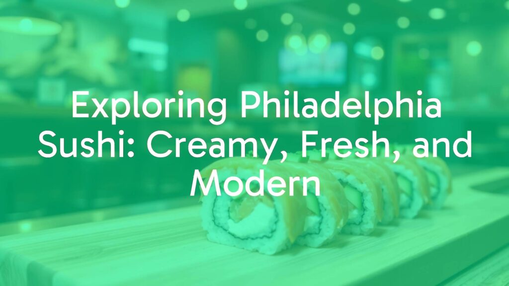 A freshly made Philadelphia sushi roll on a wooden cutting board, featuring smoked salmon and cream cheese, with slices of avocado, presented artistically, soft focus background of a modern sushi restaurant, warm lighting, realistic.