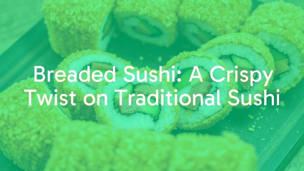 Crispy breaded sushi rolls with golden panko coating, sliced to show soft colorful fillings, placed on a dark wooden board, food photography style.