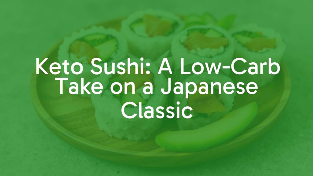 Keto sushi rolls on a wooden plate, cauliflower rice and fresh salmon, avocado slices, low-carb ingredients, vibrant colors, realistic food photography.